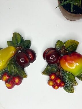 Vintage Ceramic Fruit Chalkware Wall Plaques - Red, Yellow, Green